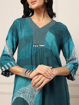 Teal green embellished printed ethnic elegance