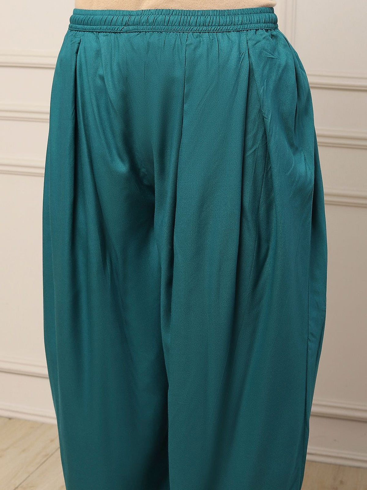 Teal green embellished printed ethnic elegance