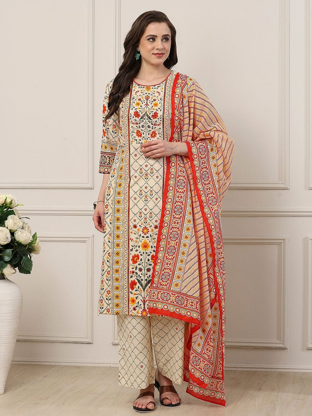 Beige heritage print palazzo festive ensemble