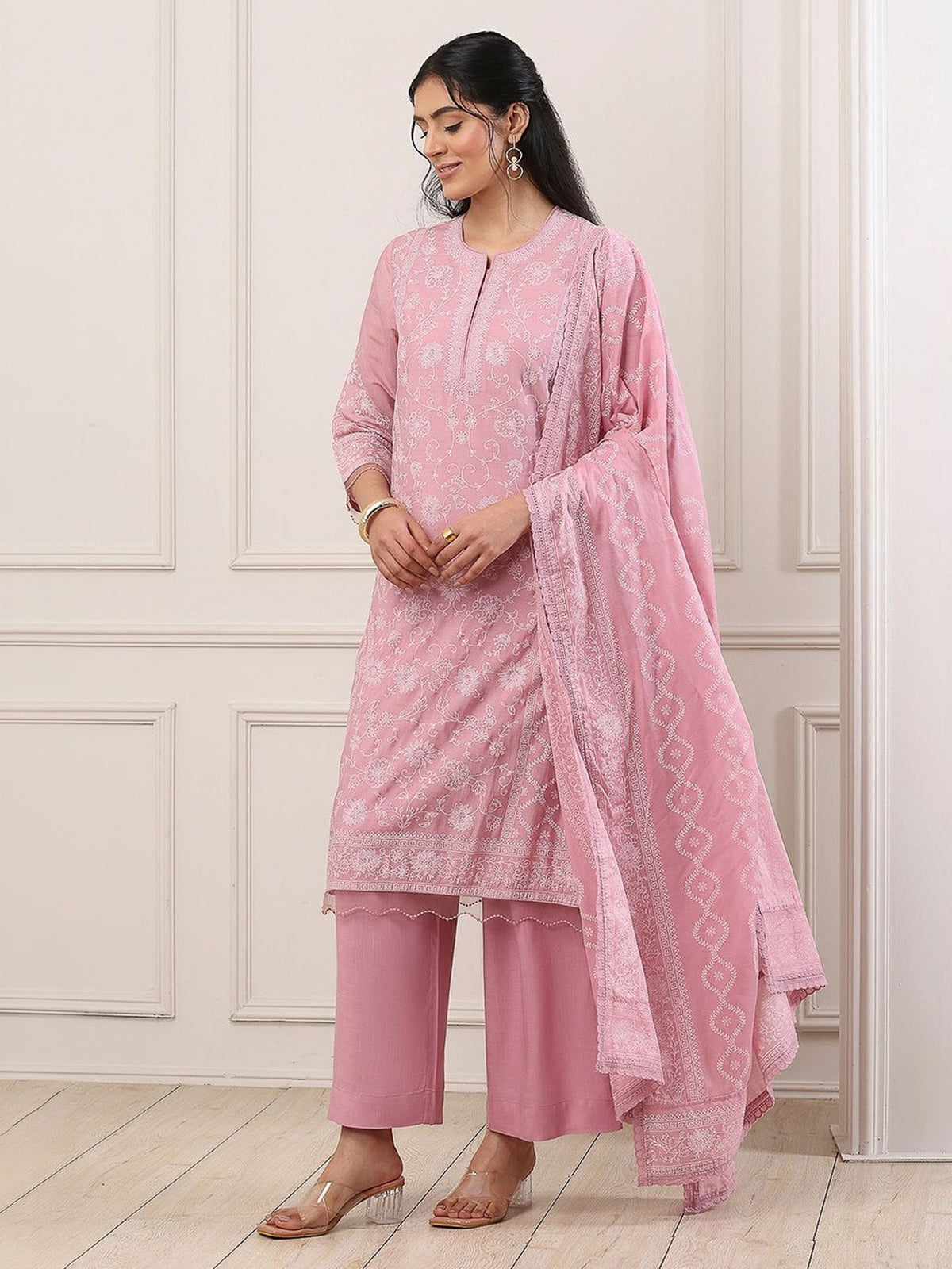 Blush pink printed chanderi festive sophistication