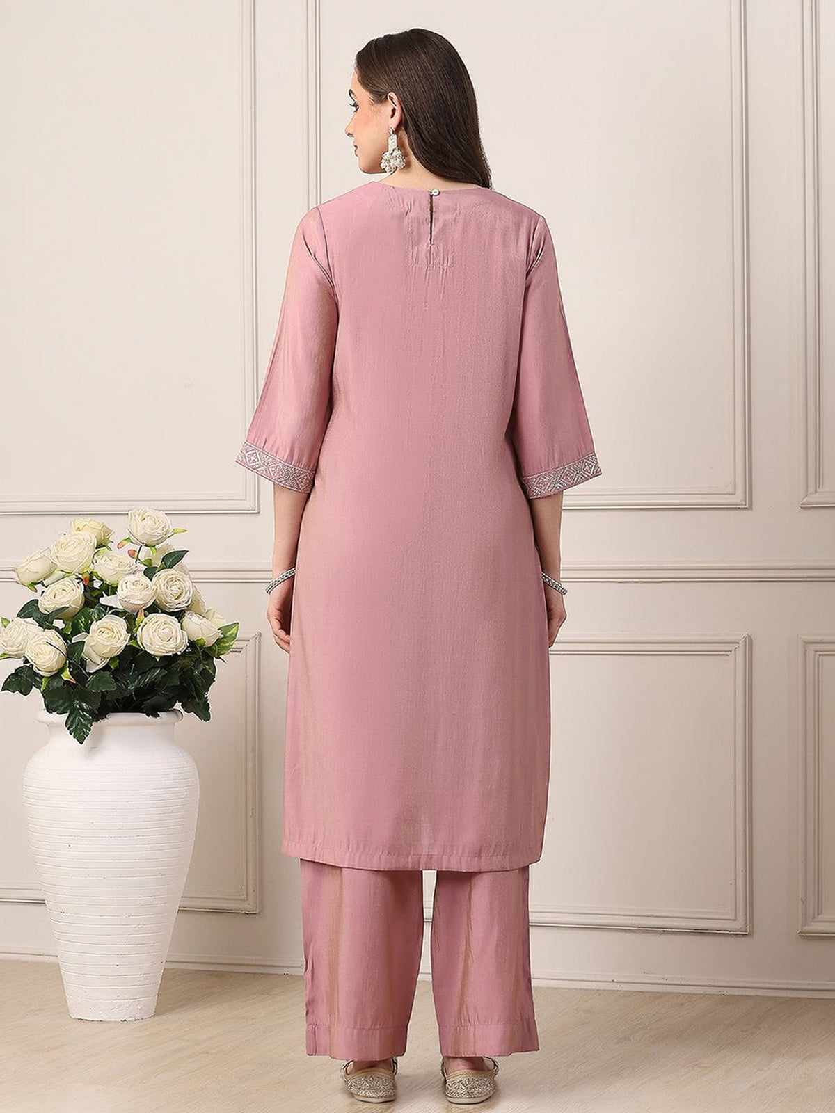 Pink sequin embellished straight fit festive elegance
