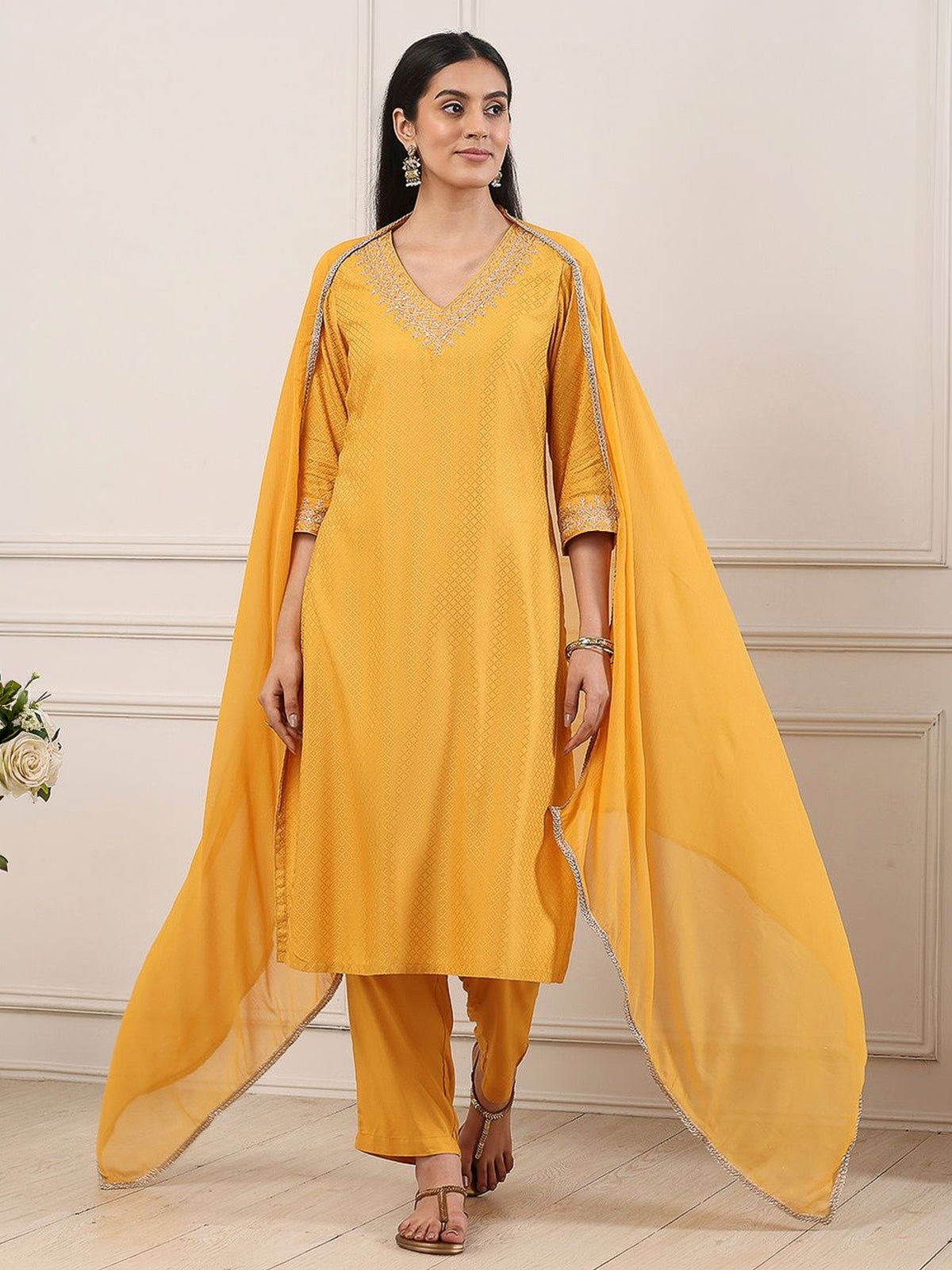 Yellow woven textured embellished celebration look