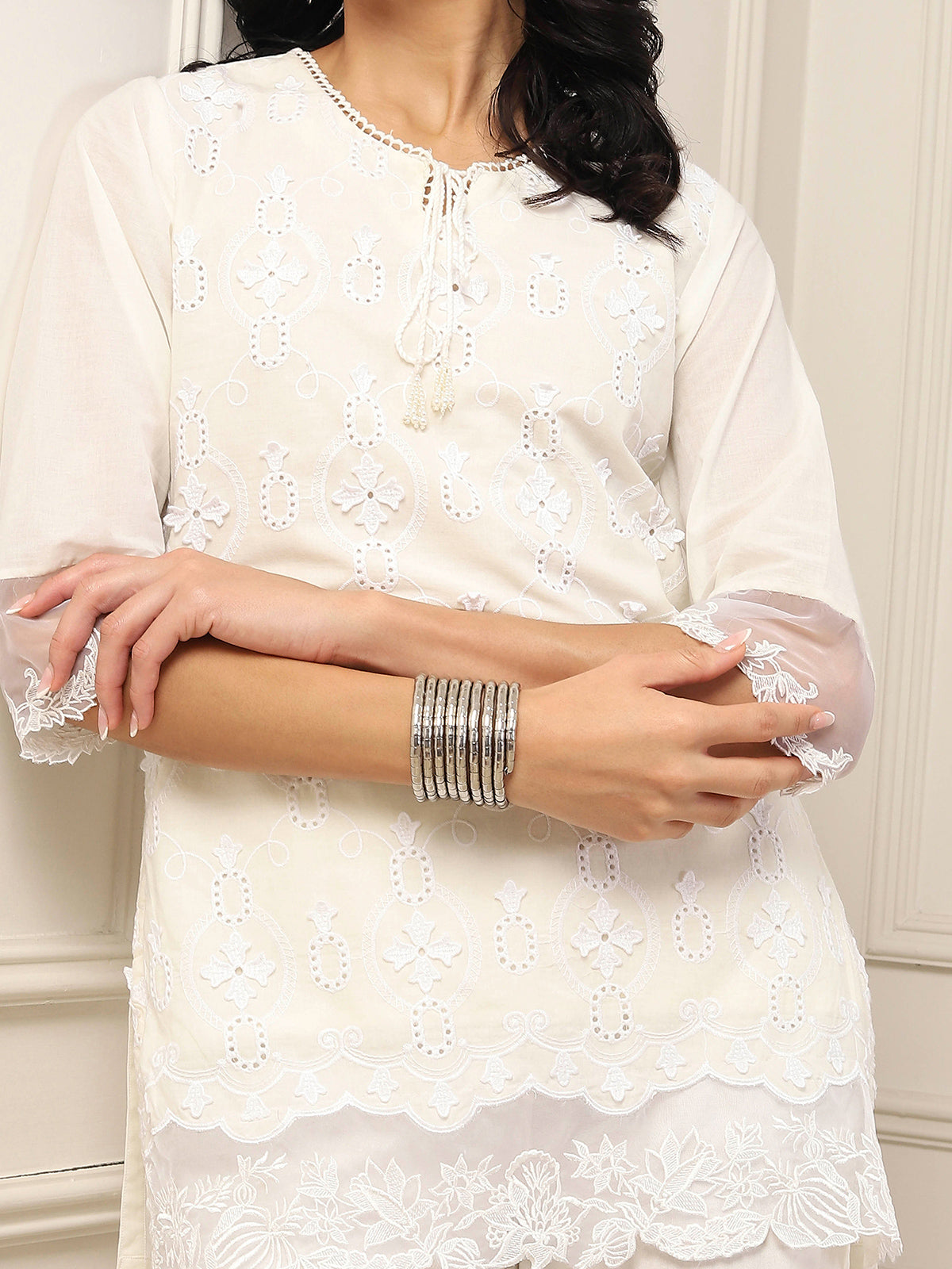 White schiffli embroidered contemporary fashion favorite
