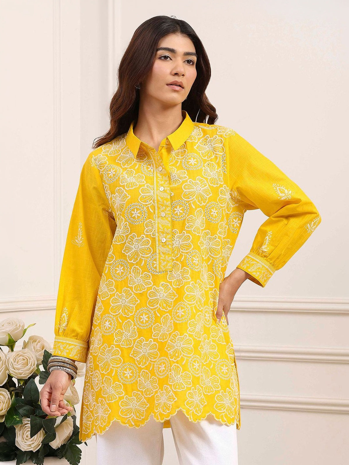Yellow embroidered shirt style casual cotton kurti