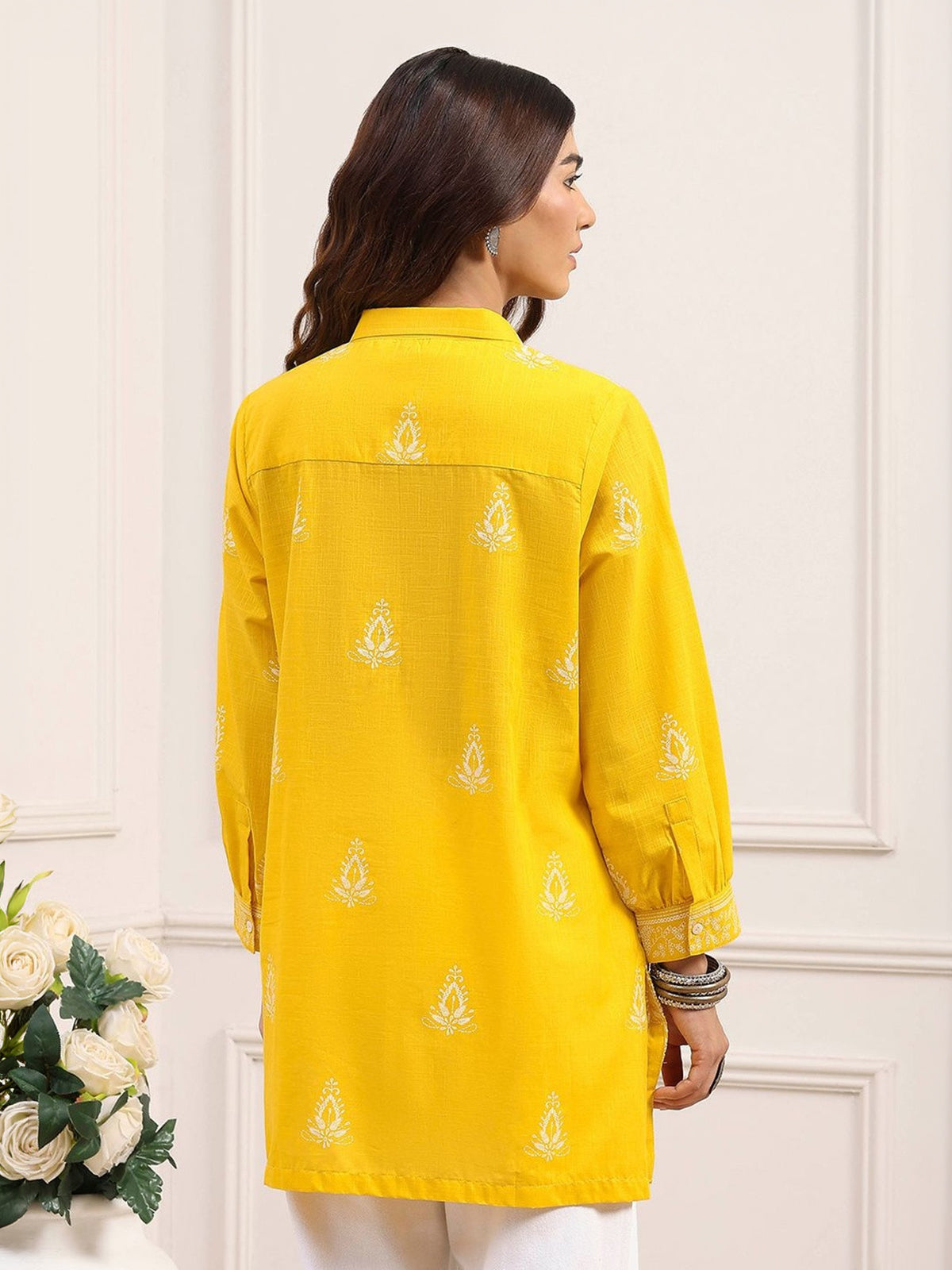 Yellow embroidered shirt style casual cotton kurti