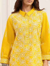 Yellow embroidered shirt style casual cotton kurti