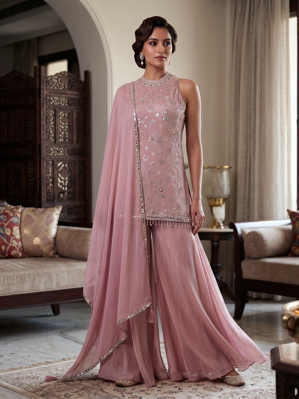 Pastel pink tissue silk palazzo suit with mirror work