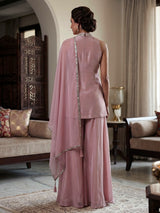 Pastel pink tissue silk palazzo suit with mirror work