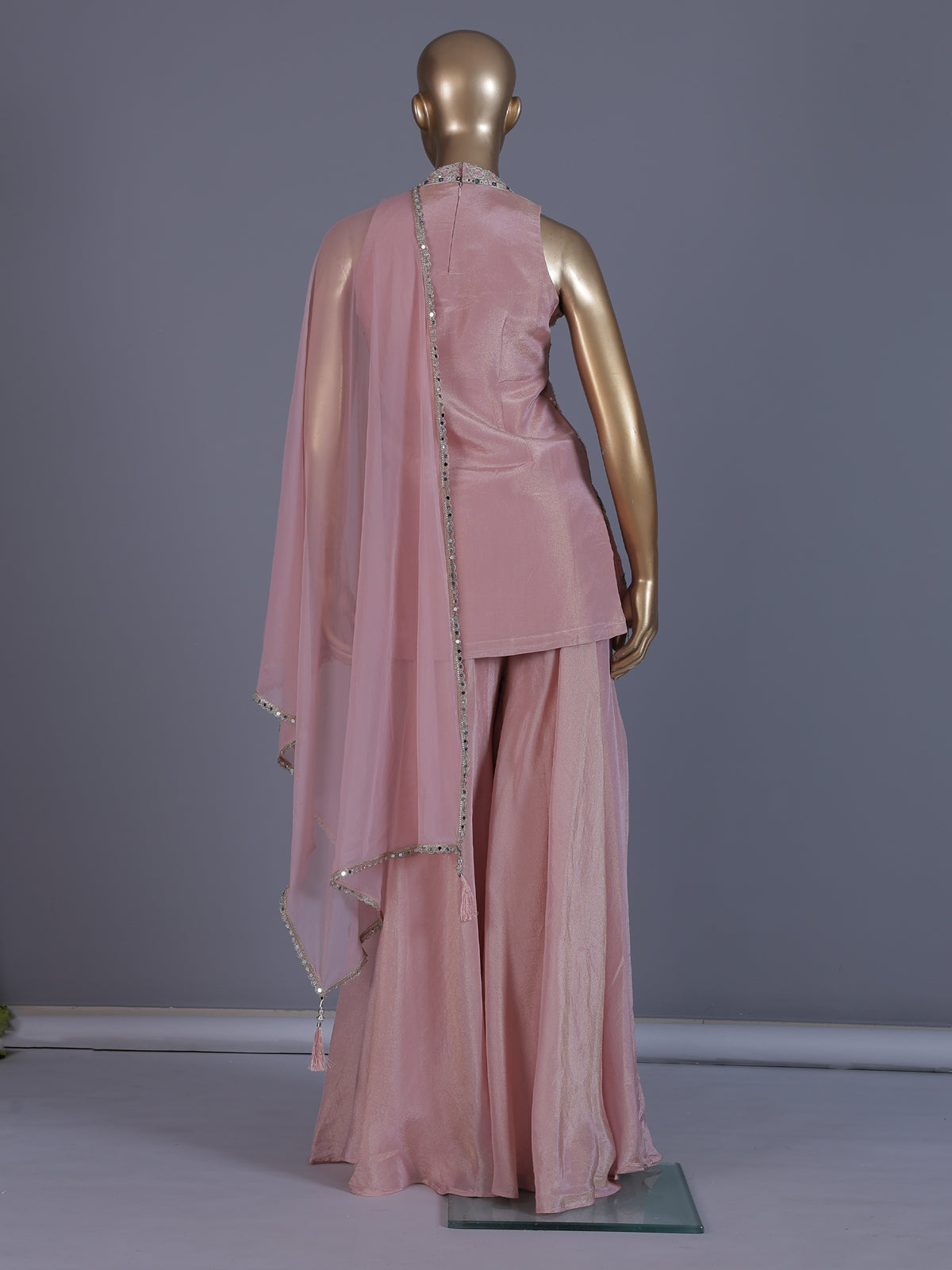 Pastel pink tissue silk palazzo suit with mirror work