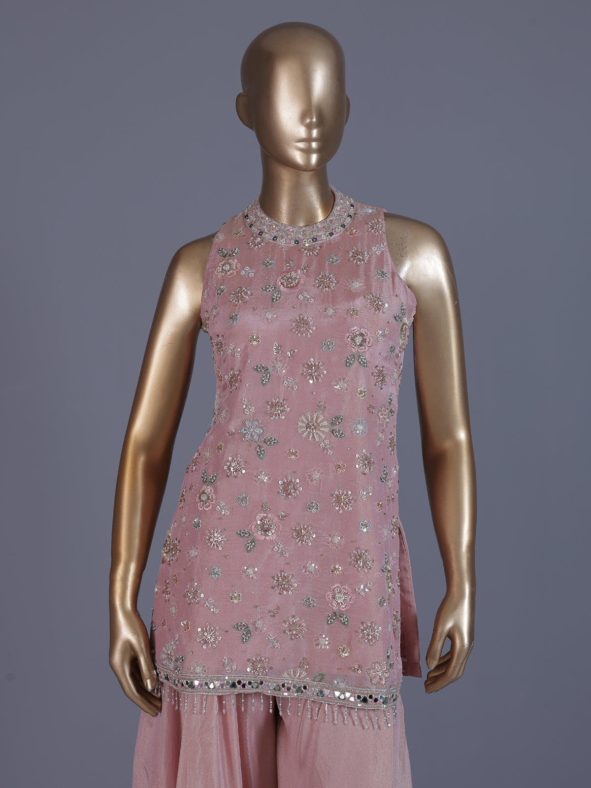Pastel pink tissue silk palazzo suit with mirror work