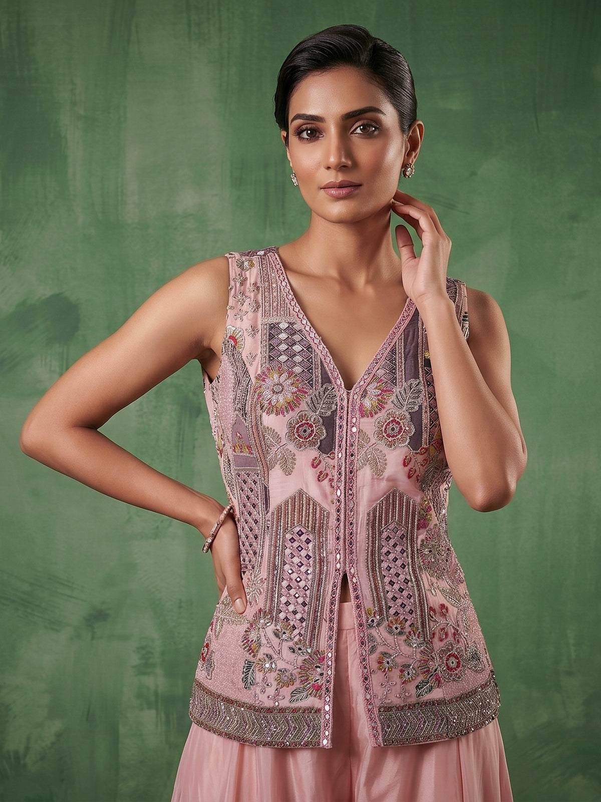 Pastel pink embellished palazzo suit