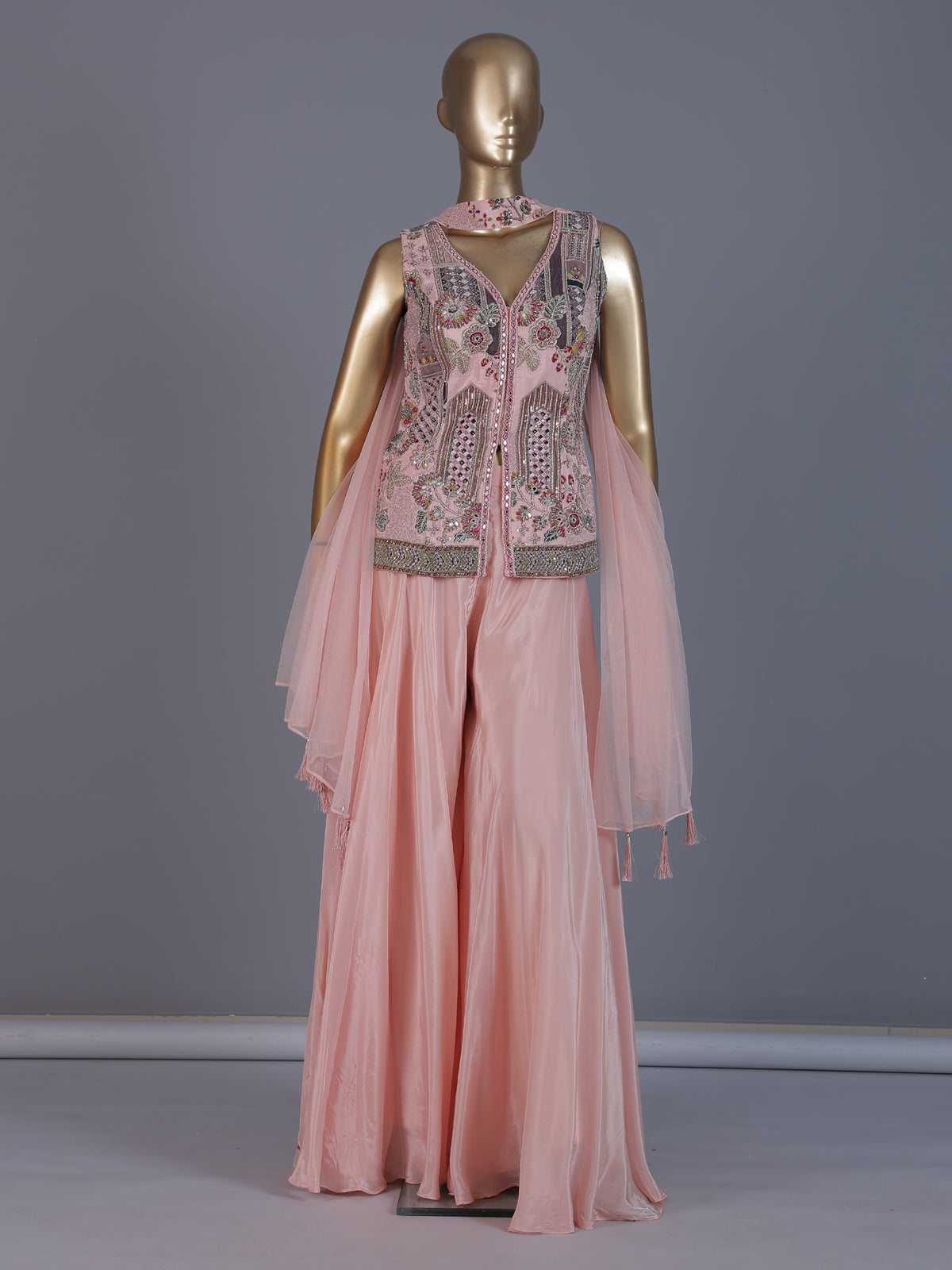 Pastel pink embellished palazzo suit