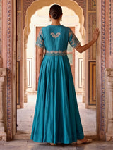 Peacock blue silk Anarkali suit for festive celebration