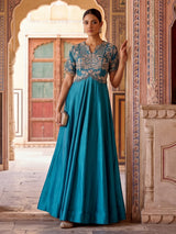 Peacock blue silk Anarkali suit for festive celebration