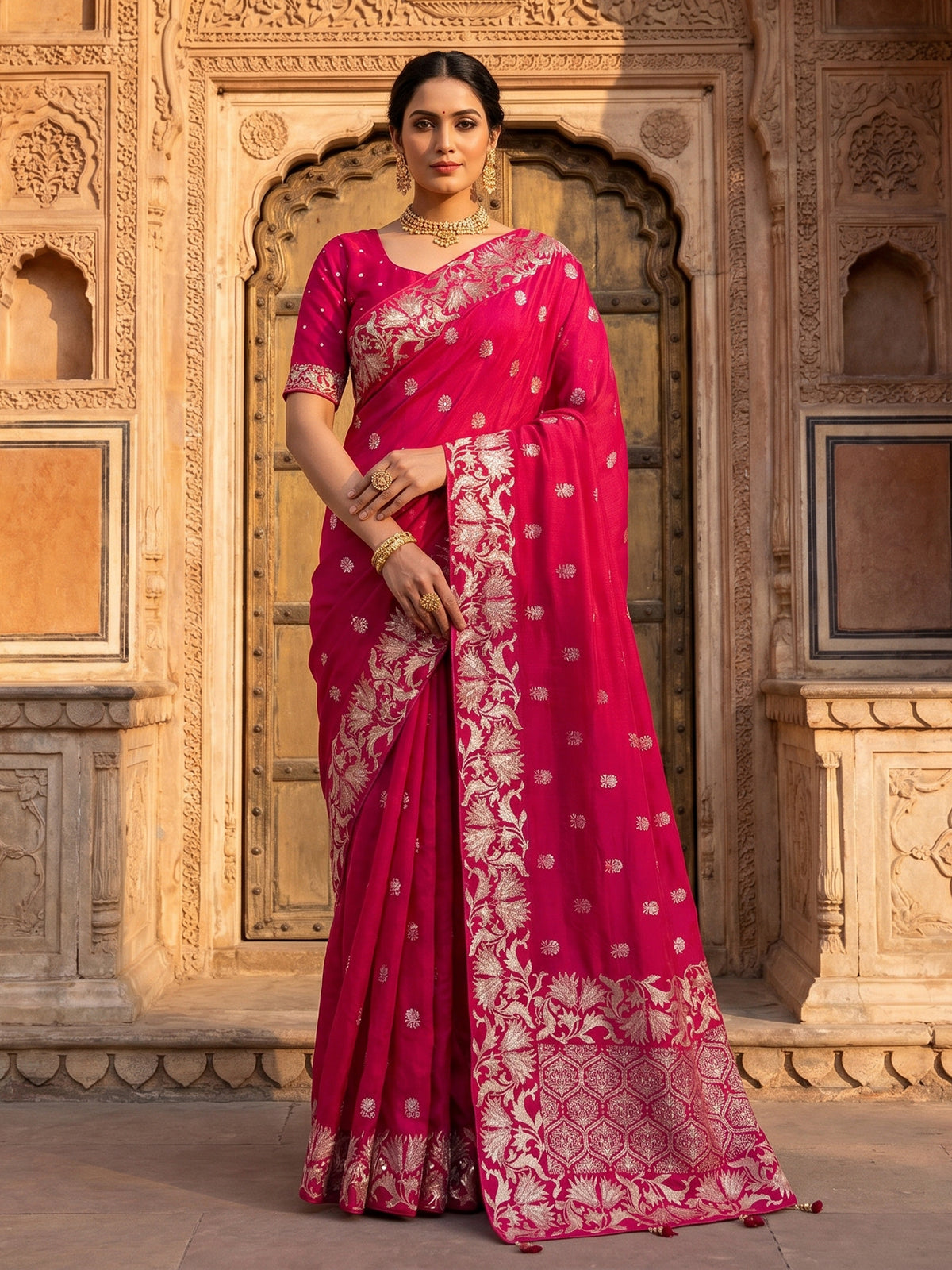 Rani pink silk festive wear saree