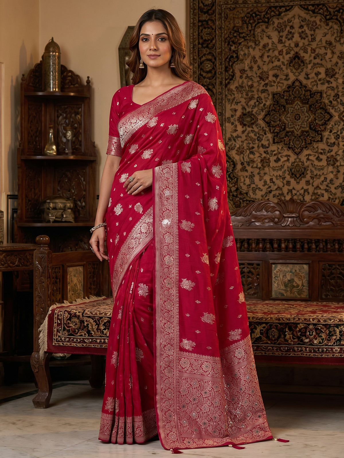 Crimson red silk traditional saree