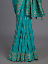 Turquoise blue silk festive saree