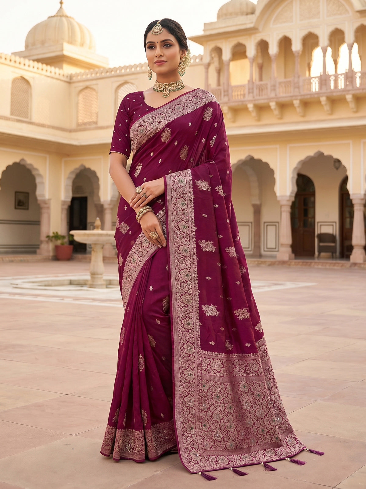 Plum wine silk festive wear saree