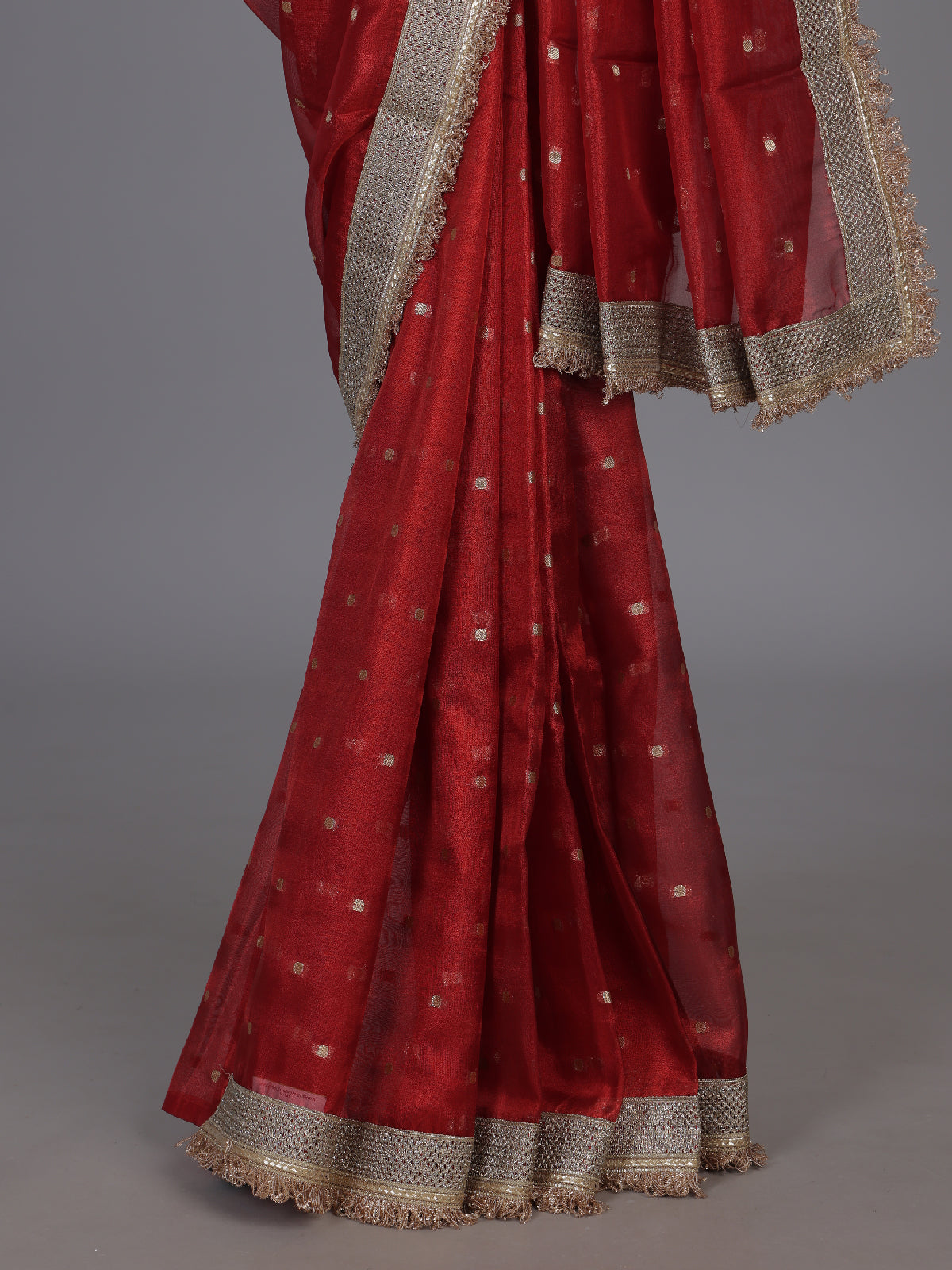 Red zari woven semi soft tissue festive saree