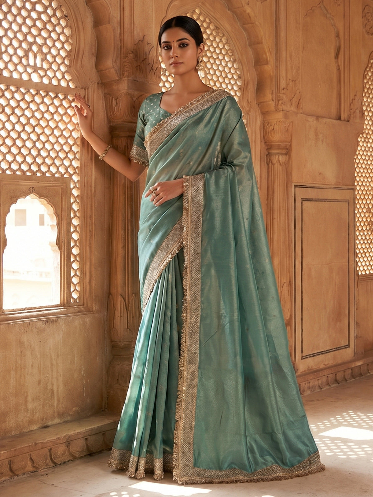Blue woven elegance festive semi soft tissue saree