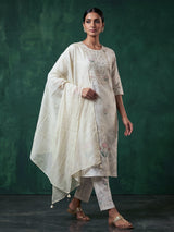 White floral printed elegant linen kurti set
