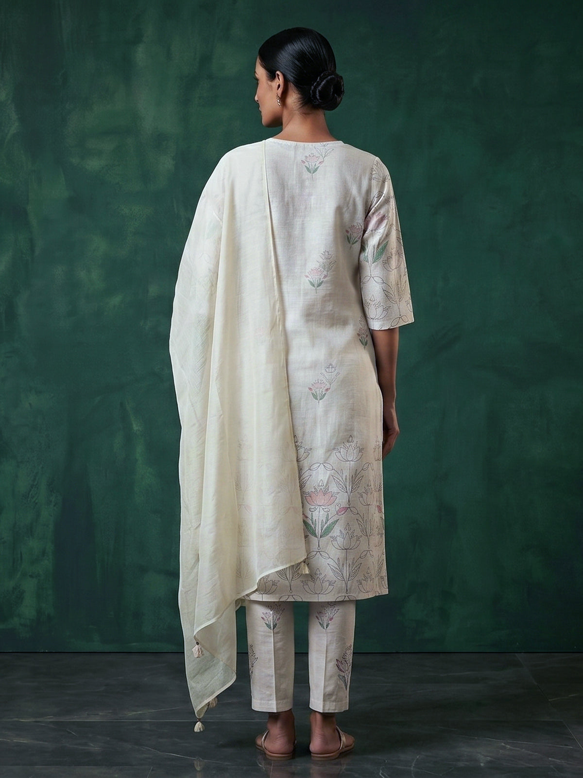 White floral printed elegant linen kurti set