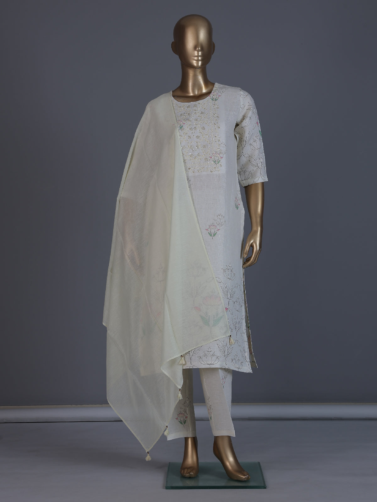 White floral printed elegant linen kurti set