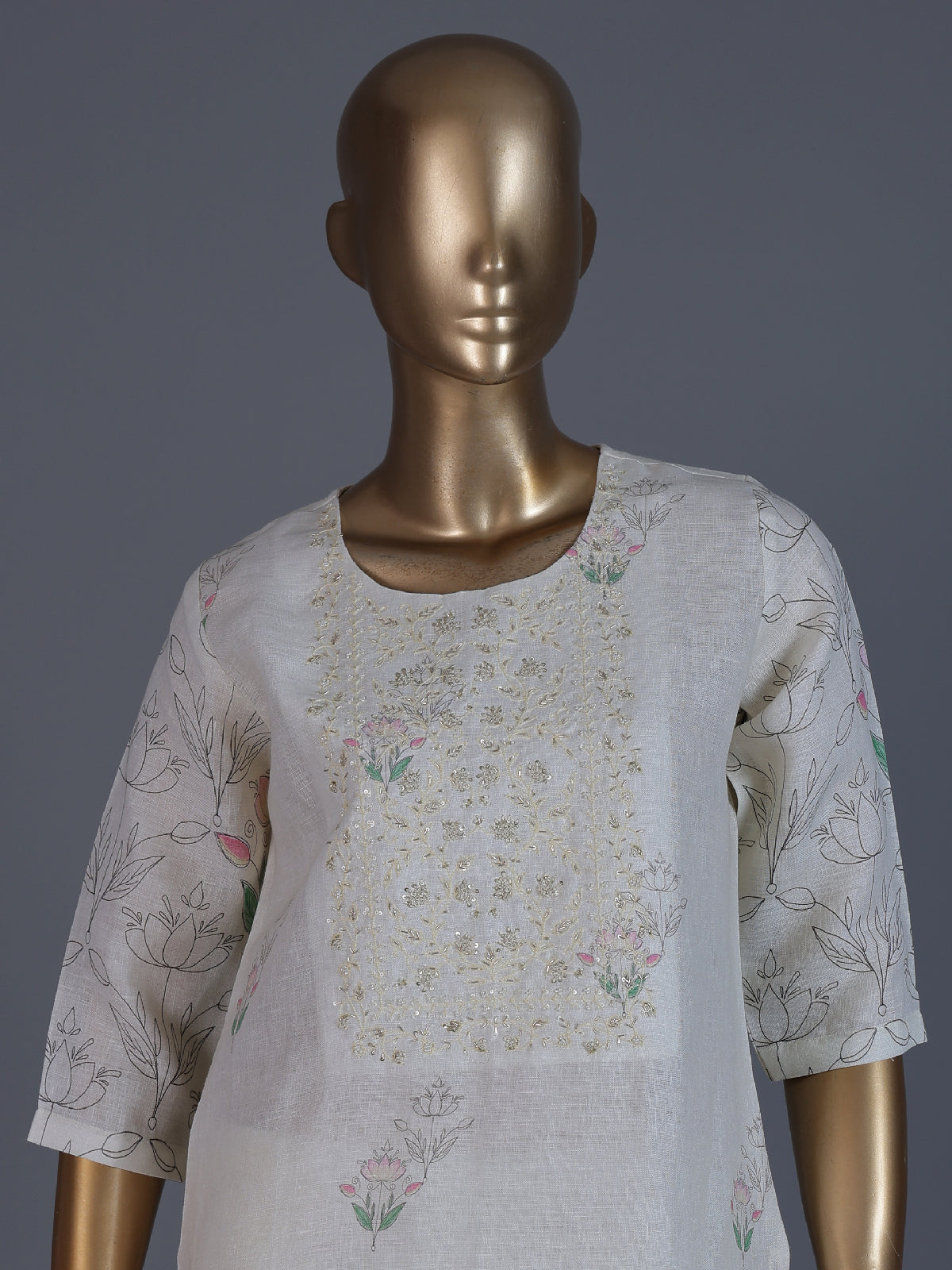White floral printed elegant linen kurti set