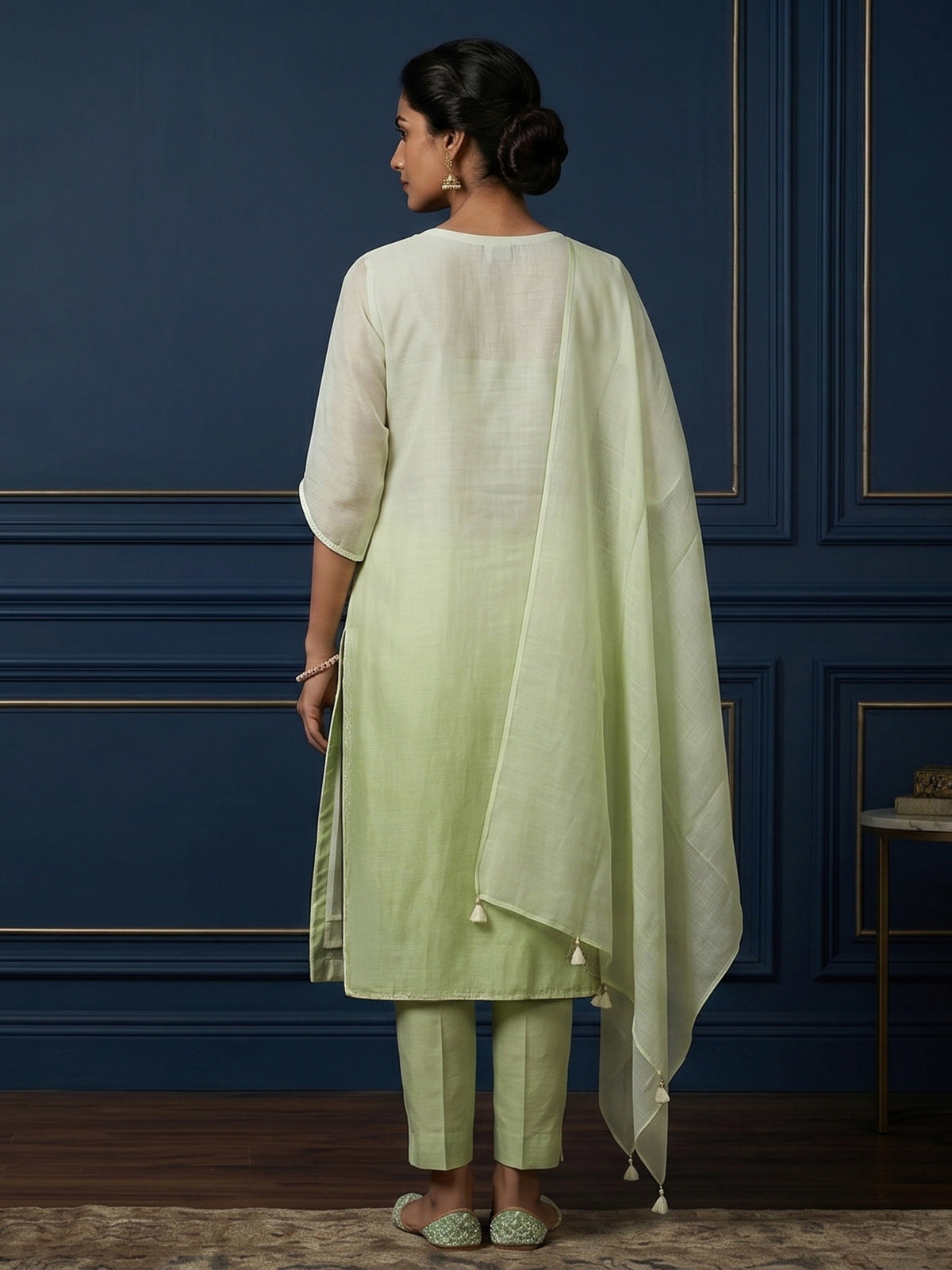 White green shaded beadwork linen kurti with pant