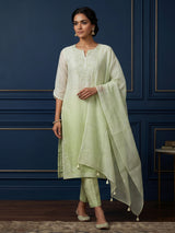 White green shaded beadwork linen kurti with pant