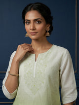 White green shaded beadwork linen kurti with pant