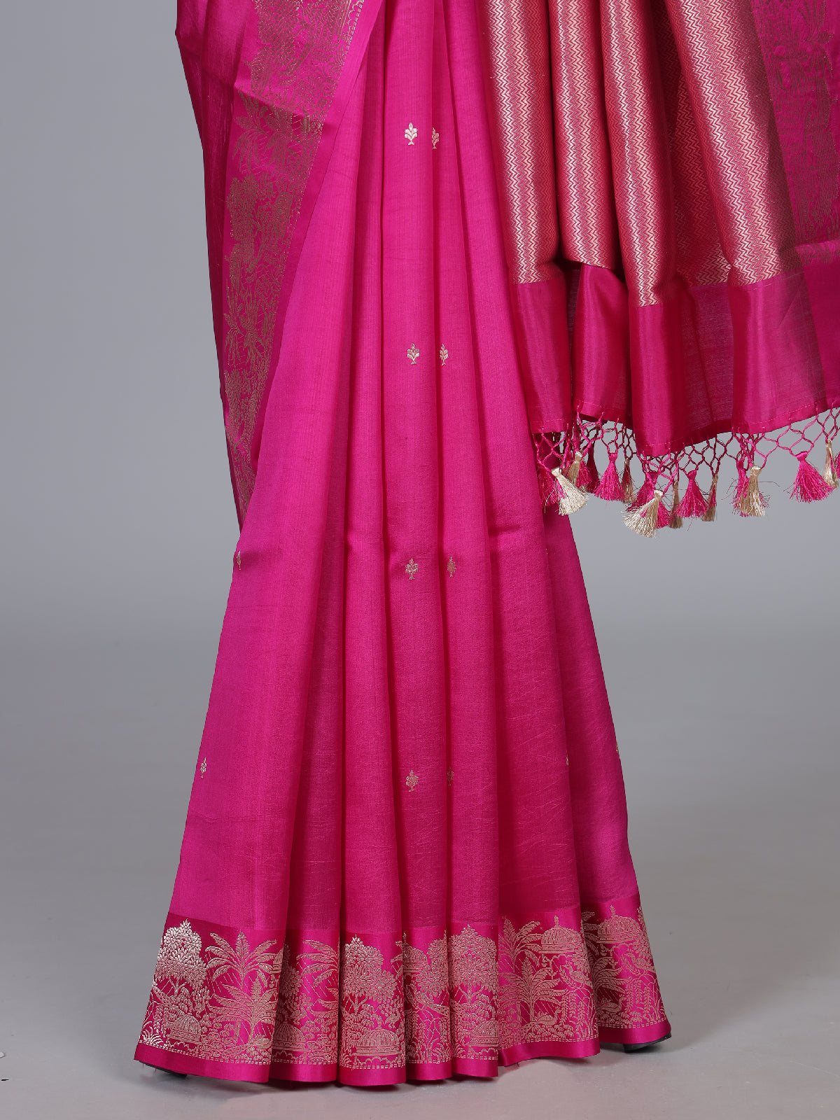 Rani pink heritage woven zari raw silk saree