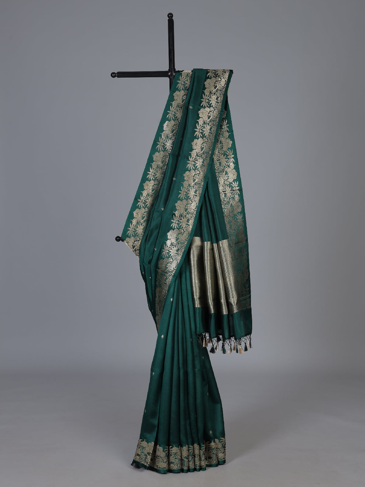 Bottle green floral vine raw silk festive saree