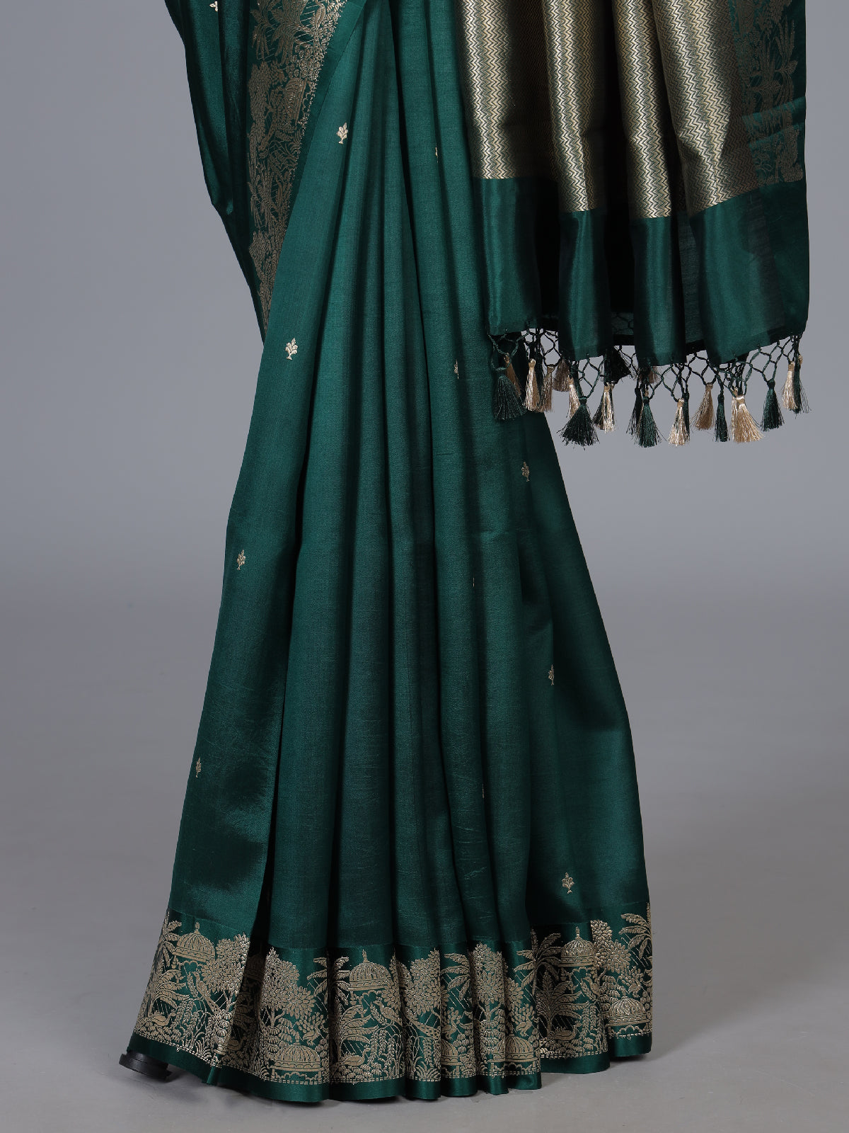 Bottle green floral vine raw silk festive saree
