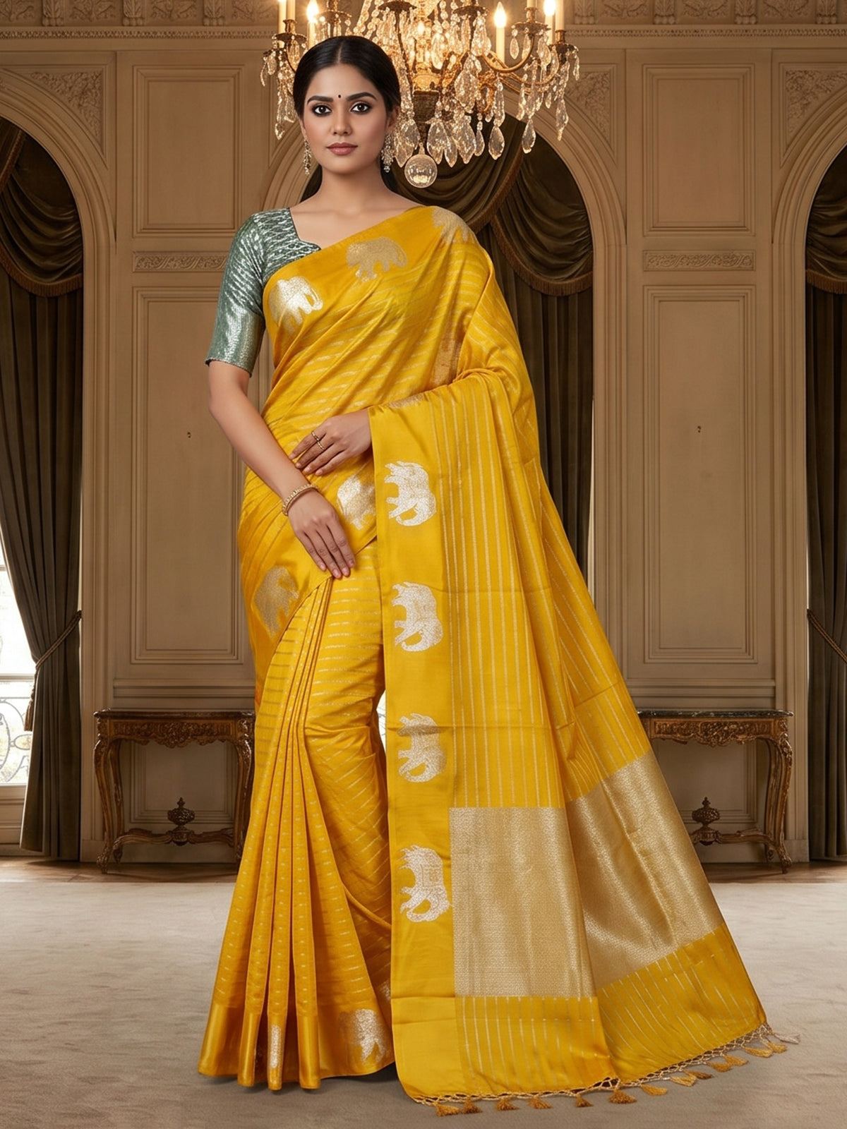 Mustard traditional elephant zari raw silk drape