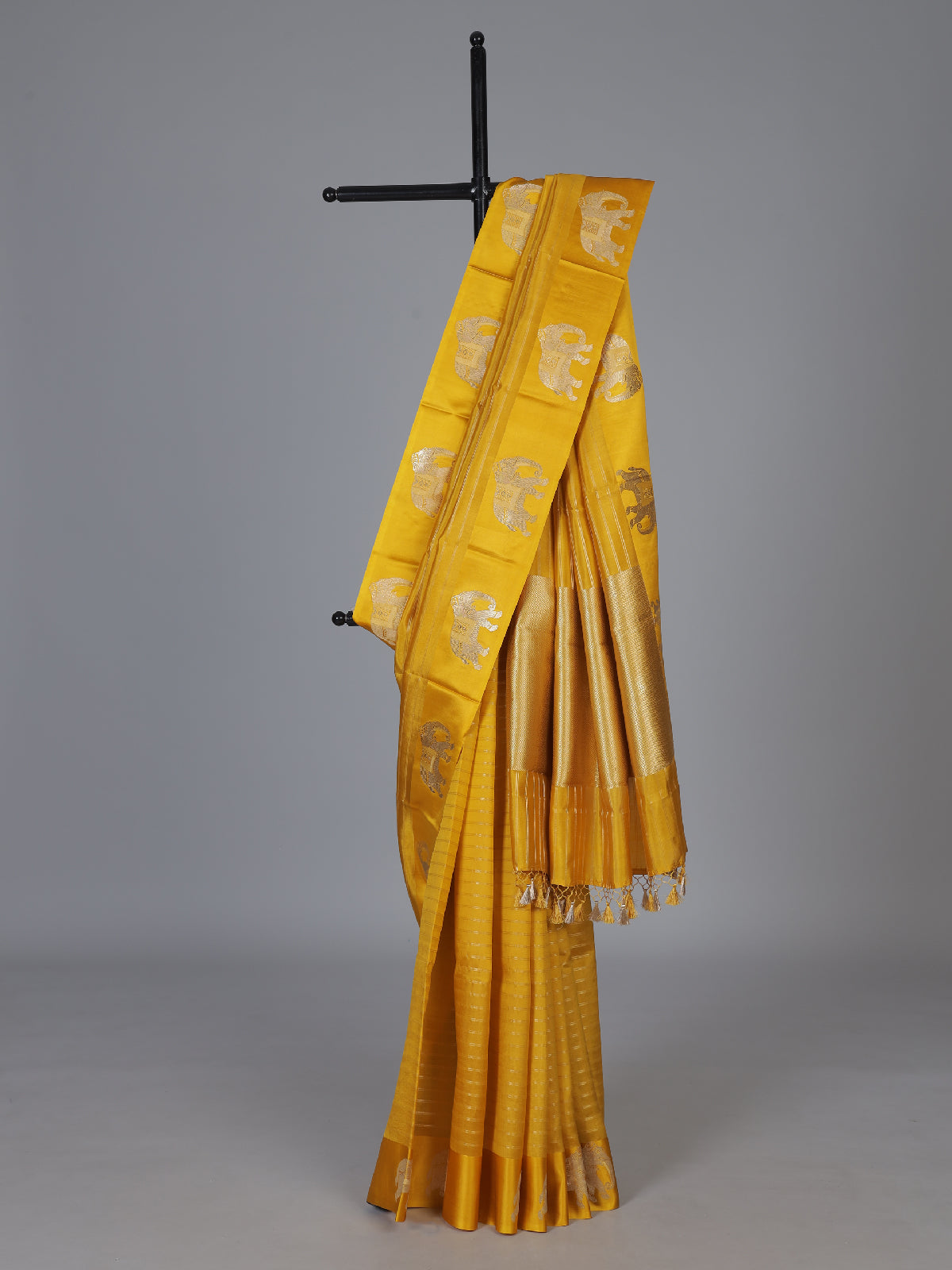 Mustard traditional elephant zari raw silk drape