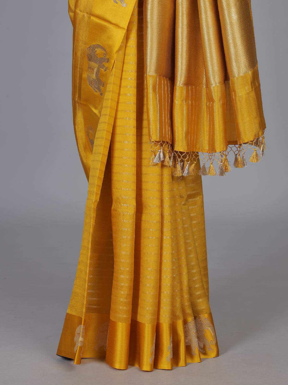 Mustard traditional elephant zari raw silk drape