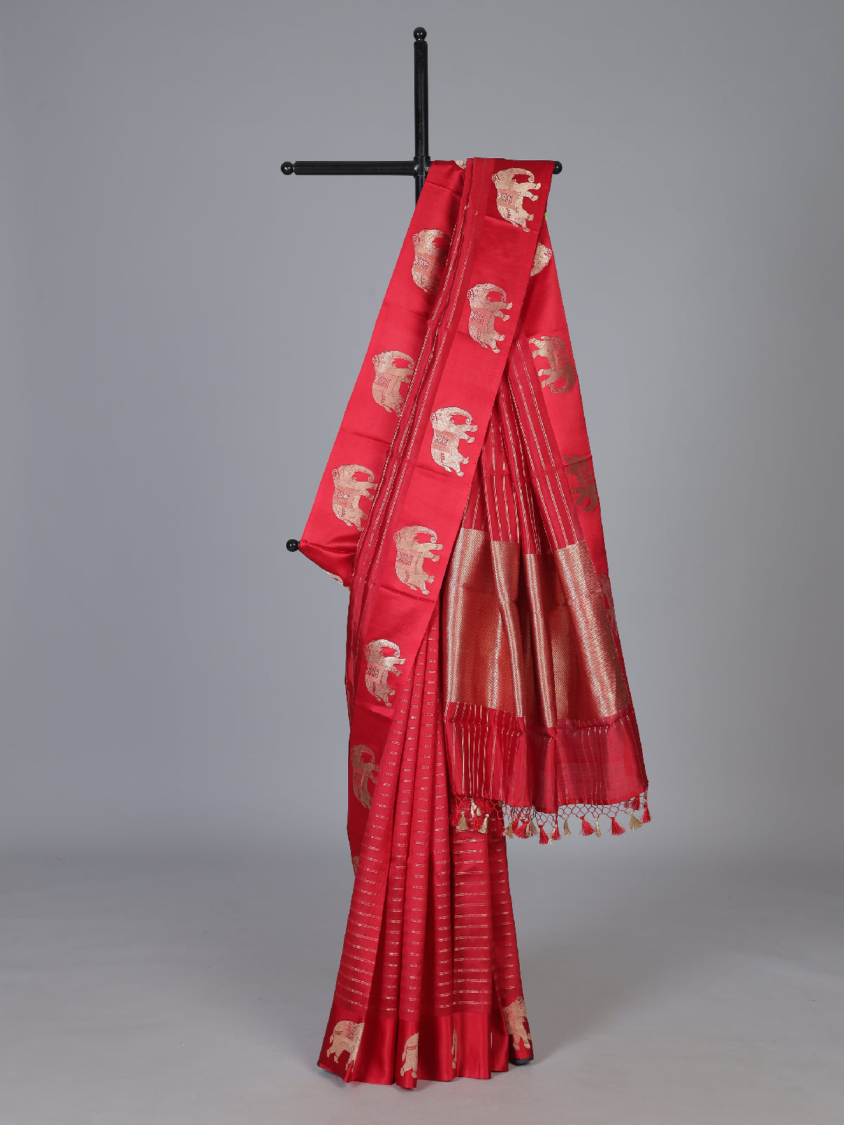 Red royal elephant motif raw silk festive saree