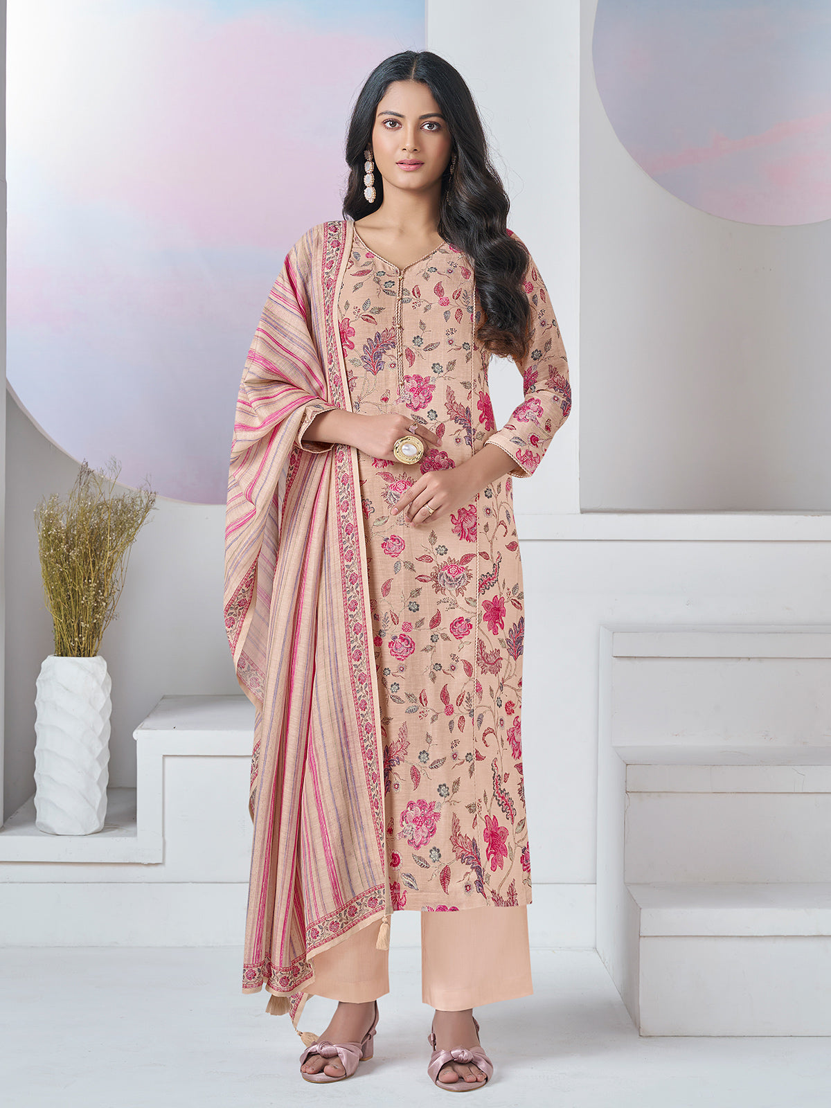 Beige floral vine printed festive kurti set elegance