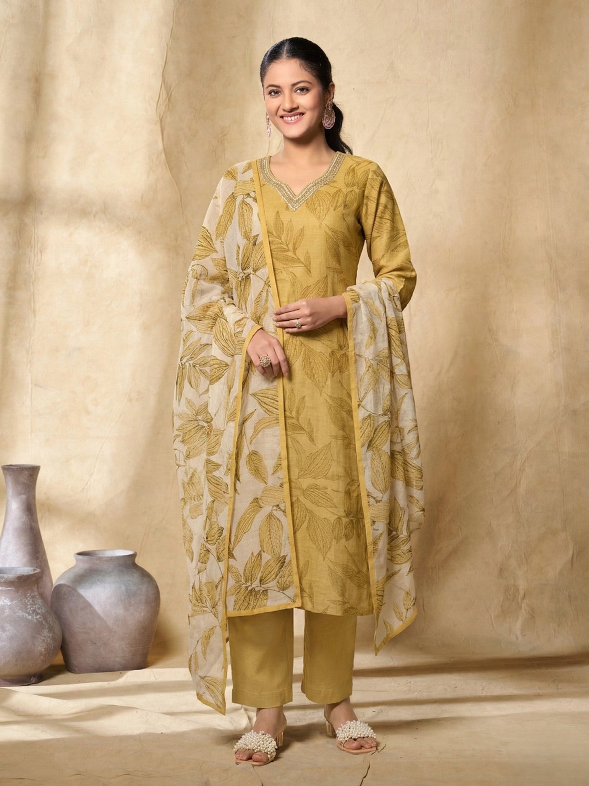 Yellow artistic leaf printed ethnic kurti set charm
