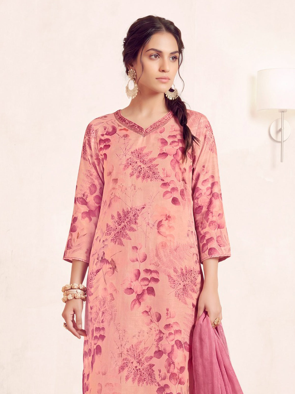 Peach watercolor foliage inspired festive kurti set allure