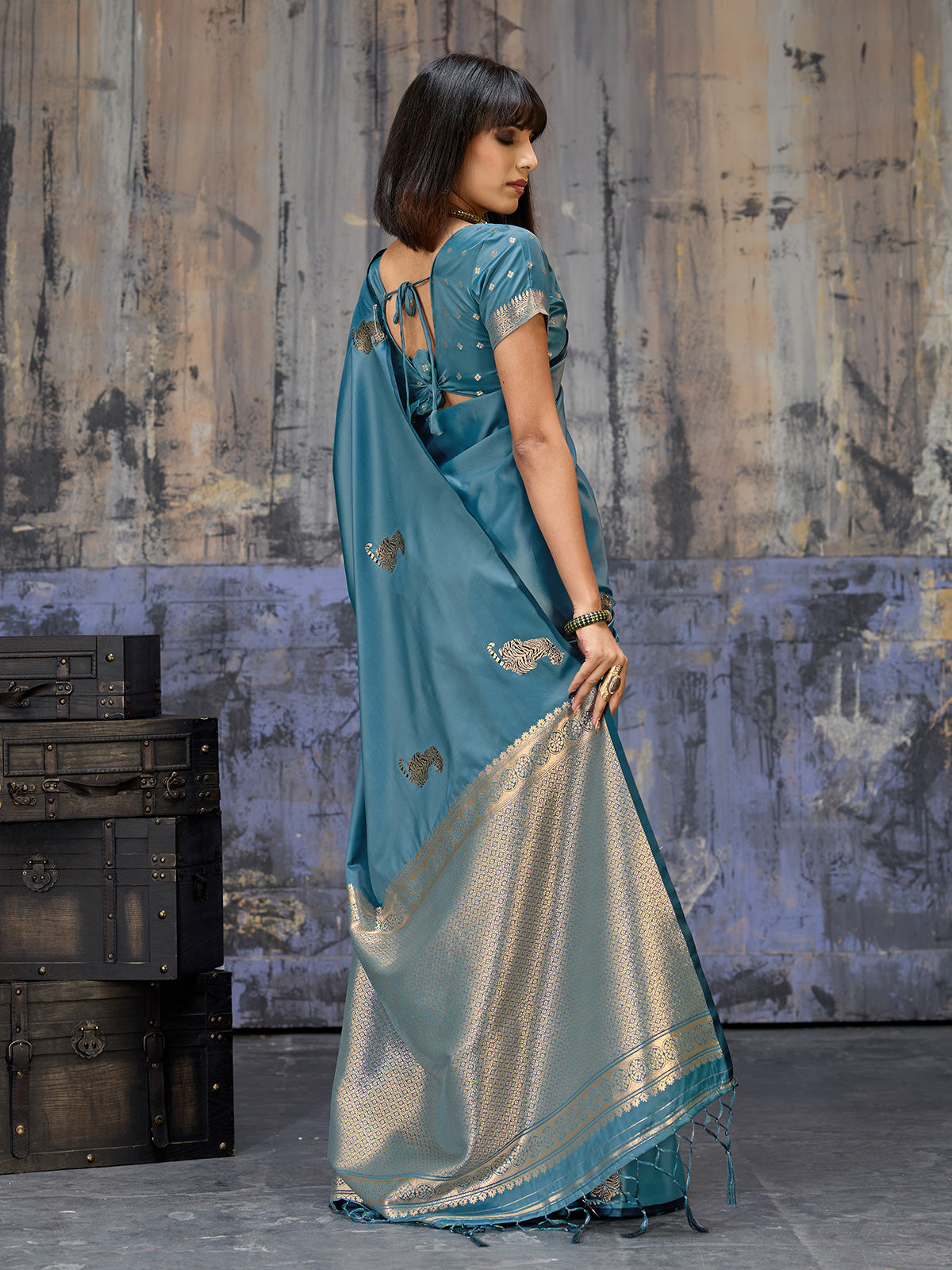 Teal blue royal zari festive saree elegance