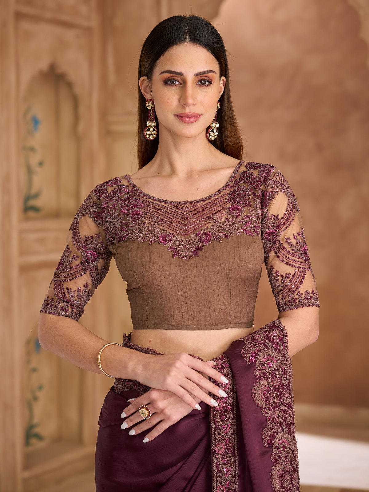 Deep wine artistic embroidered silk satin saree