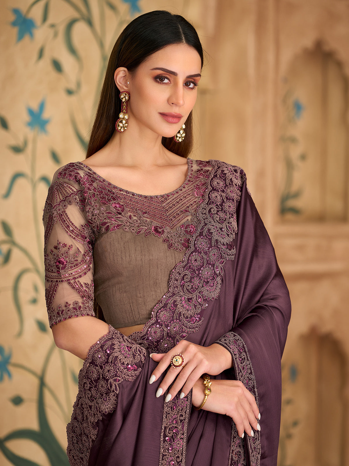 Deep wine artistic embroidered silk satin saree