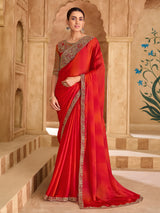 Orange radiant embroidered satin chiffon saree elegance