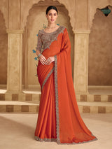 Rust orange festive satin chiffon saree radiance