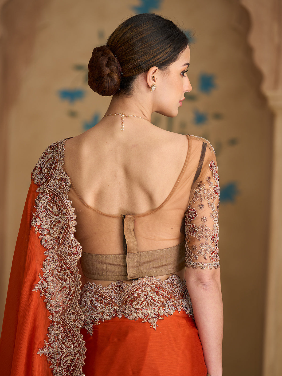 Rust orange festive satin chiffon saree radiance