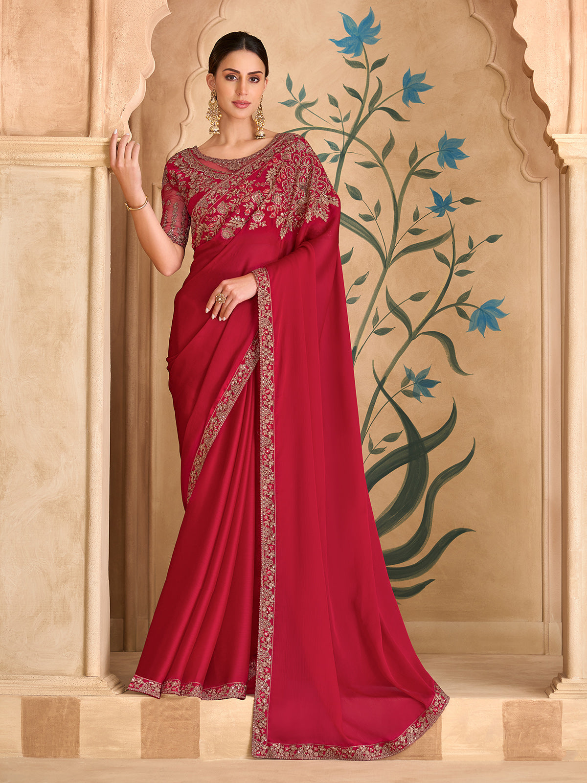 Red regal embroidered wedding saree elegance