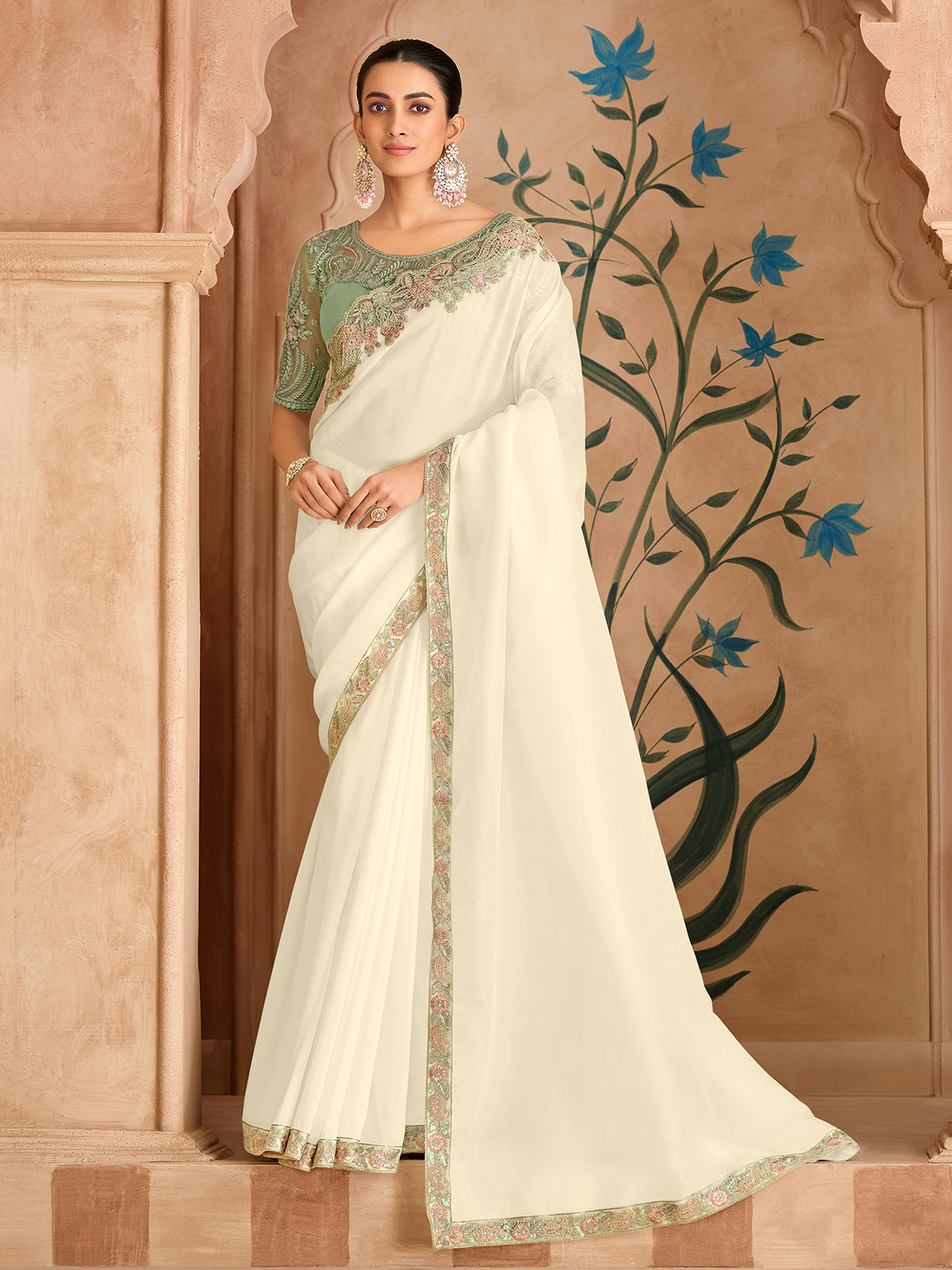 White elegant embroidered silk georgette saree allure