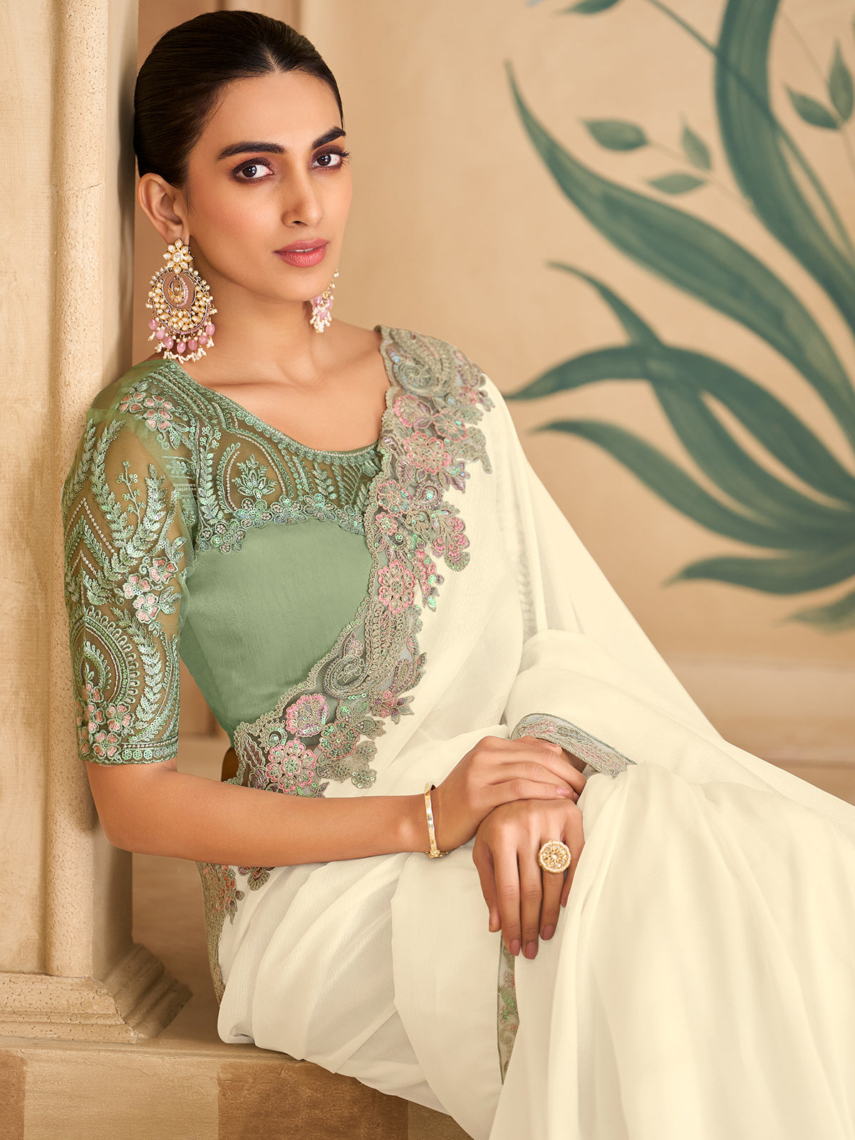 White elegant embroidered silk georgette saree allure
